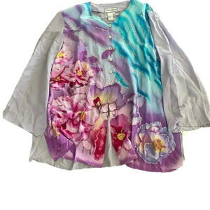 Diane Gilman Women's purple Silk floral Button Front Blouse Size 2X